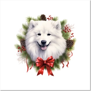 Christmas Samoyed Dog Wreath Posters and Art